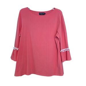 Duffield Lane size Large Coral Top with Pom-Pom trim 3/4 sleeves sz L